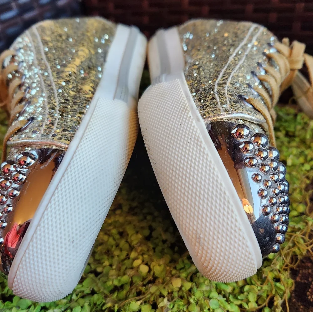 MIU MIU Gold Glitter Sparkle Silver Studs Toe Lace Up Flat Luxury Sneakers 40 - Picture 9 of 16